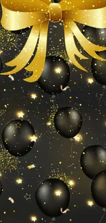 Black balloons with gold sparkles and a ribbon on a festive wallpaper.