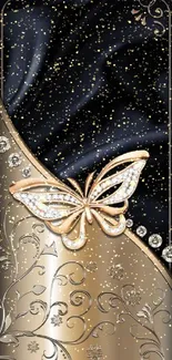 Elegant black and gold wallpaper with a jeweled butterfly and floral design.