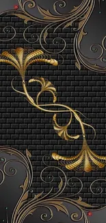 Elegant black and gold wallpaper with intricate floral design.