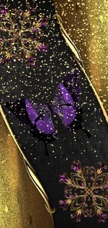 Elegant wallpaper with purple butterfly on black and gold background.