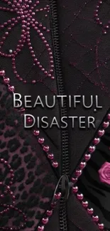 Intricate black and pink wallpaper with floral and bead details.