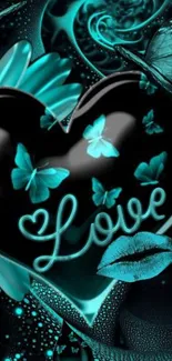 Teal and black heart with butterflies and 'Love'.