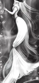 Black and white wallpaper featuring an elegant, ethereal figure with flowing hair.