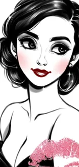 Elegant illustrated woman with red lips on a black and white wallpaper.