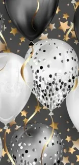 Elegant black and white balloons with gold ribbons and star accents.