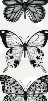 Intricate black and white butterfly sketch on a mobile wallpaper.