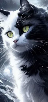 Stylish black and white cat with vivid yellow eyes.