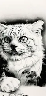 Artistic black and white cat illustration with intense gaze.