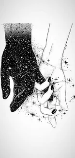 Black and white cosmic hand illustration with stars.