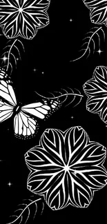 Black and white butterfly with geometric flowers wallpaper design.