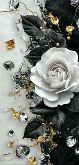 Black and white floral wallpaper with a rose and gold accents.