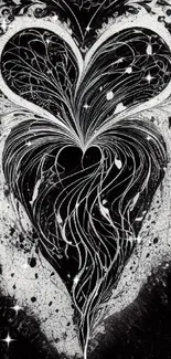 Elegant black and white heart art wallpaper featuring intricate patterns.