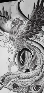 Intricate black and white phoenix sketch with detailed feathers and artistic style.