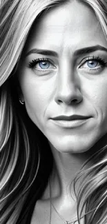 Grayscale portrait with striking blue eyes.