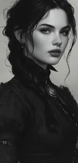 Black and white portrait of a woman in vintage attire, exuding elegance and style.