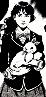 Black and white anime portrait with a girl holding a rabbit.