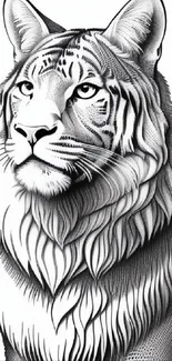 Black and white illustration of an elegant tiger for mobile wallpaper.