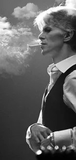 Black and white image of an elegant figure exhaling smoke.