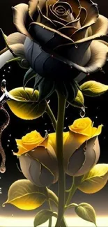 Elegant black and yellow rose wallpaper for mobile devices.