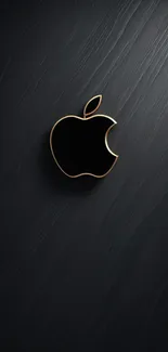 Black Apple logo on wood texture background with gold outline.