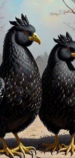 Two elegant black birds with yellow beaks and feet, set in an urban nature scene.