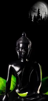 Buddha statue with green leaves on black background.