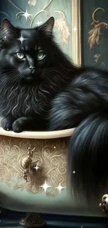 Elegant black cat lounging in a luxurious bathtub against vintage wallpaper.