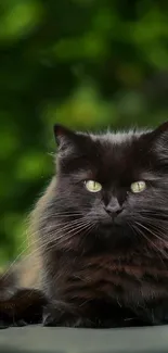 Black cat with green eyes in forest setting.