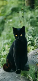 Black cat sitting in a green garden, surrounded by lush plants.