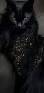 Elegant black cat with intense gaze and fur detail.
