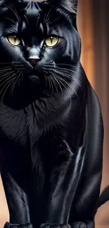 A sleek black cat with golden eyes and glossy fur, exuding elegance.