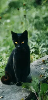 Black cat with yellow eyes sits on a rock in green grass.