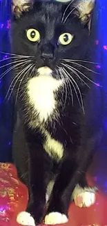 Elegant black cat with yellow eyes against a vibrant background.