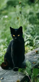 Black cat sitting on wooden plank in tall grass.