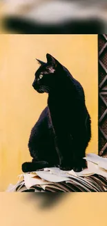 Elegant black cat sitting against a beige background.