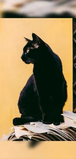 Black cat sitting on a yellow background with sleek and elegant posture.