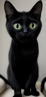 Elegant black cat with green eyes sitting calmly.