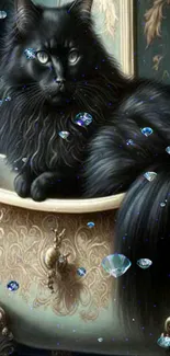 Black cat in vintage bathtub with teal and gold decor.