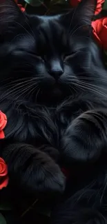Black cat surrounded by red roses on wallpaper.