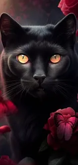 Black cat with striking eyes among red roses.