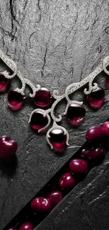 Luxurious necklace on cherry and black background.