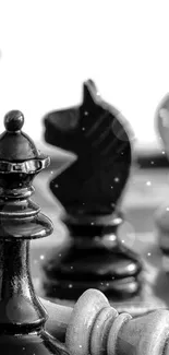 Black and white chess pieces with an elegant design in focus.