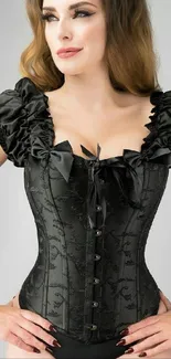 Woman in elegant black corset with ruffled sleeves.