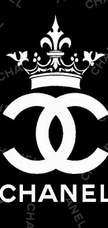 Chic black and white wallpaper with crown and logo design.