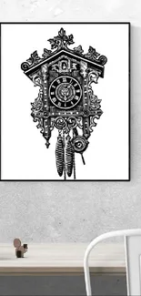 Black and white cuckoo clock wall art framed on light wall.