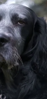 Close-up portrait of a black dog with serene expression.