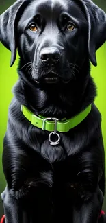 Elegant black dog with green collar on vibrant background.