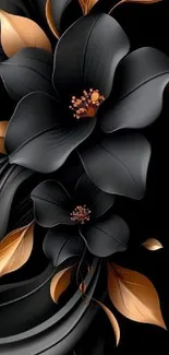 Elegant black floral wallpaper with golden leaves on a dark background.