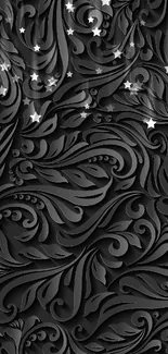 Elegant black wallpaper with intricate floral design.