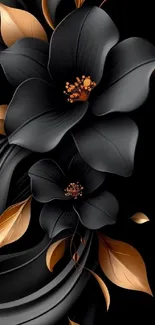 Elegant black floral wallpaper with golden leaves.